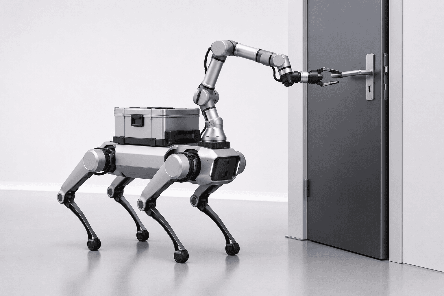 Legged mobile robot using a robotic arm to operate the handle of an industrial door